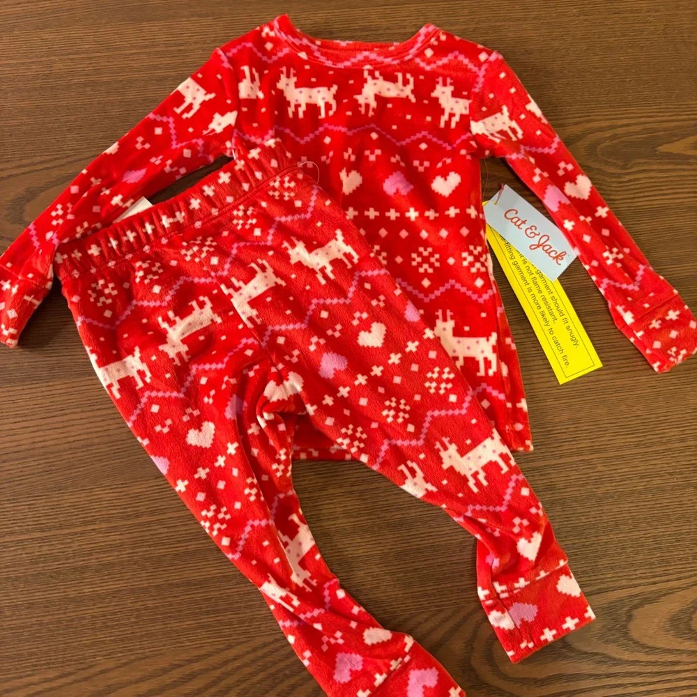 Cat & Jack Toddler Pajamas 18M Red‎ Fair Isle Reindeer Fleece PJ Set Velour NWT